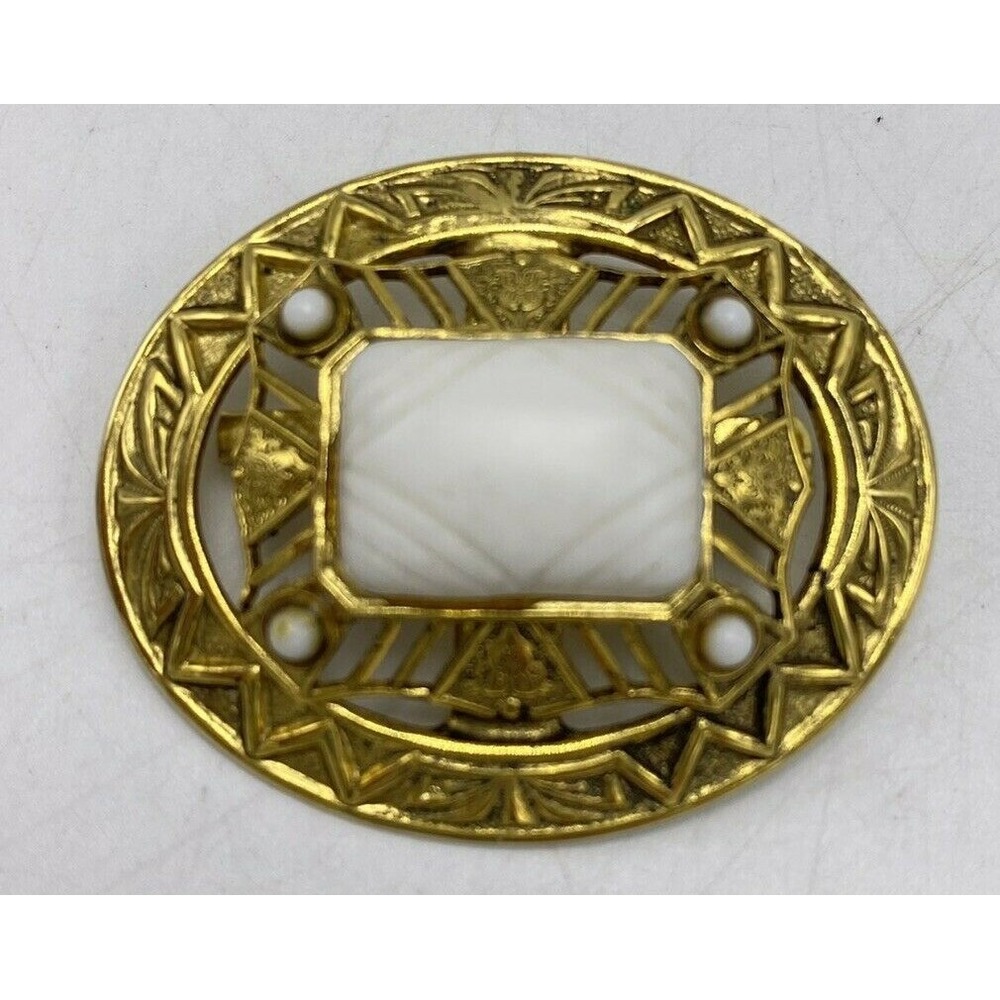Vintage Brooch Pin White Gold Tone Oval Filigree 1 3/4 in Signed Freirich